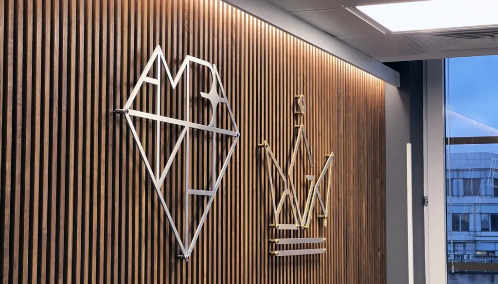 The AMBA and BGA logos on a wooden slatted wall.