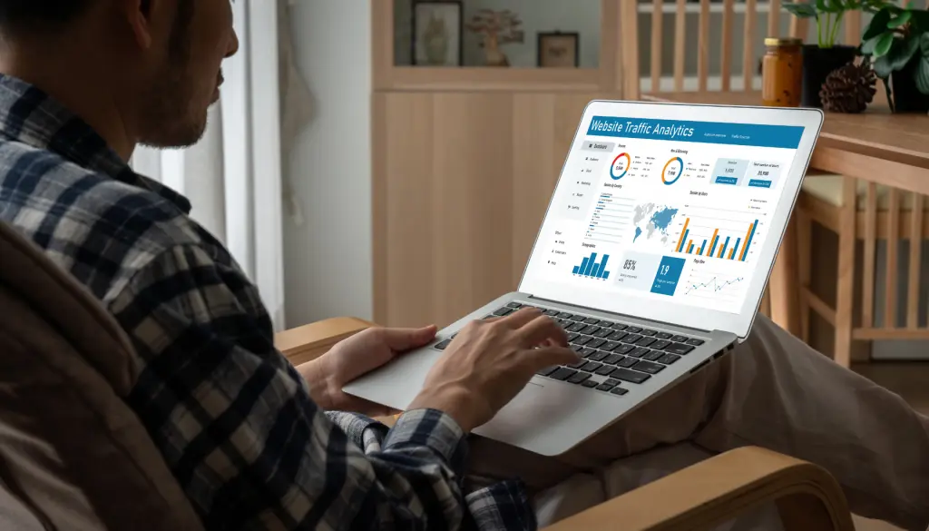 A person working on a laptop that shows a dashboard.