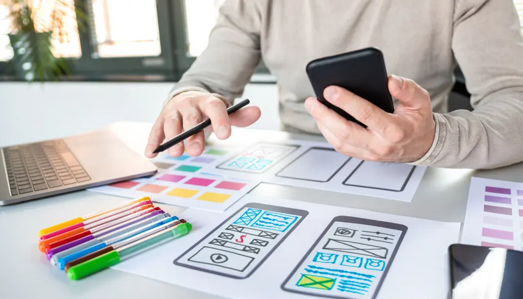 Hands holding a phone over printed app wireframes.
