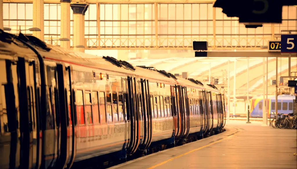 A train standing at a station platform.