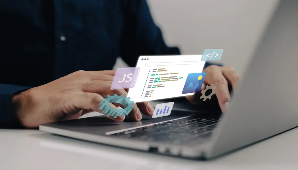 Hands at a laptop, with message cards floating above the screen.