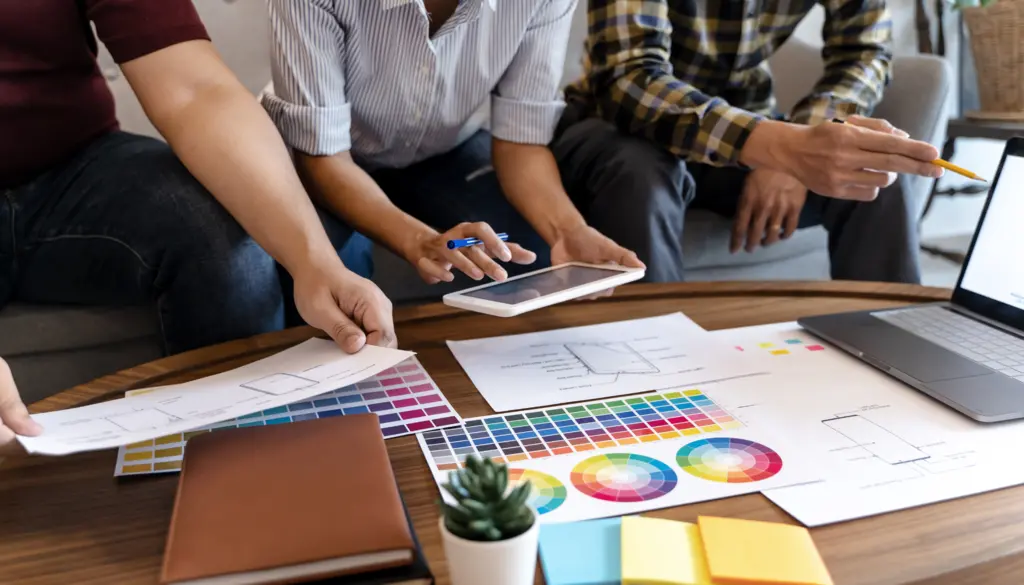 A team working over colour swatches and design sketches.