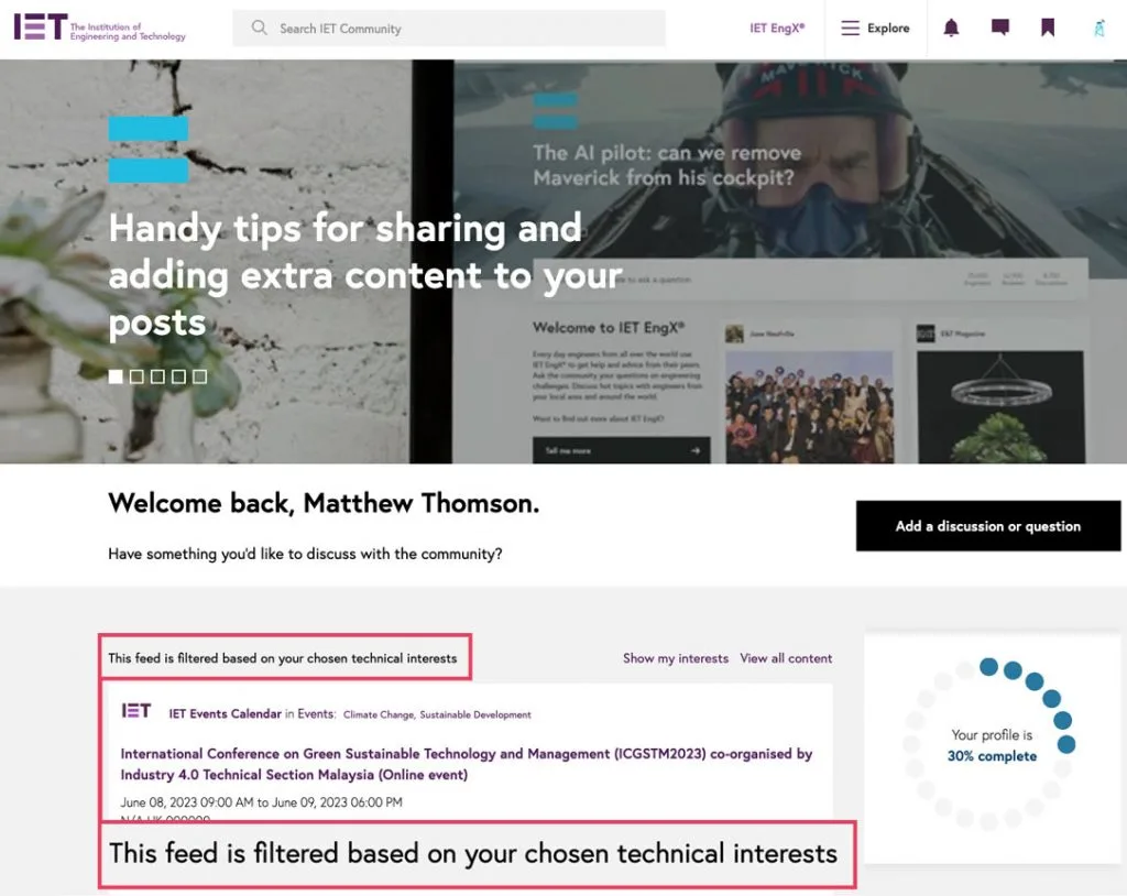 The IET community's activity feed, filtered to a member's interests.