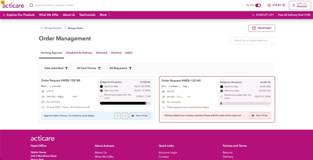 Order management screen showing approvals, budget impact and delivery status.