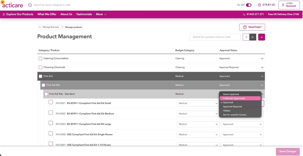 Product management showing head office preferred products and approval status controls.