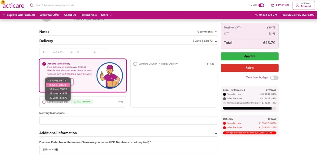 Checkout and scheduled delivery management with budget impact preview.