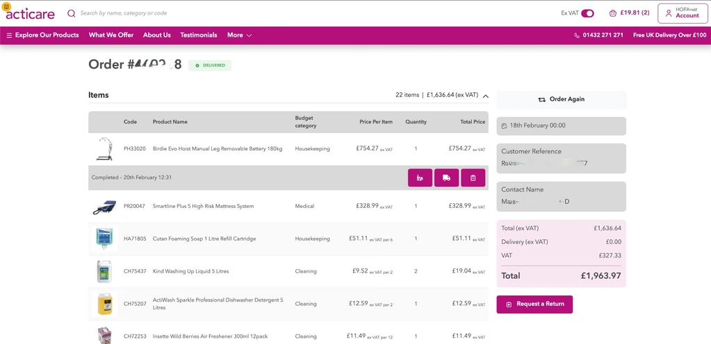 Delivered order detail view with product lines, totals and return option.
