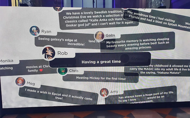 The wall at the event: guests' messages, each with a first name and a Disney character.