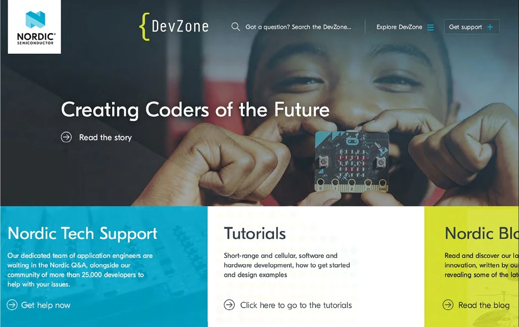 The DevZone home page: a search box, and ways in to Nordic Tech Support, tutorials and the Nordic blog.