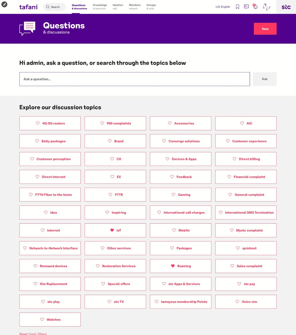 Tafani's Questions and discussions page: a box to ask a question, and discussion topics from 4G/5G routers to stc pay and stc tv.