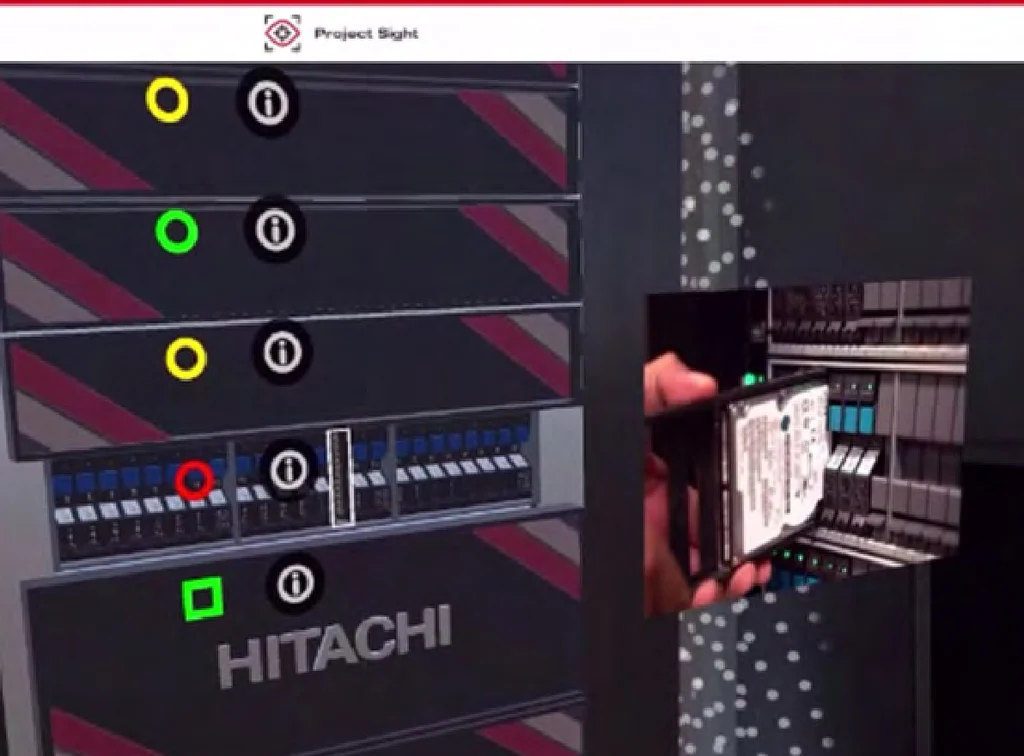 Guided maintenance in Project Sight: a coloured ring beside each unit in a rack, one of them red, and a video of a hand removing a drive.