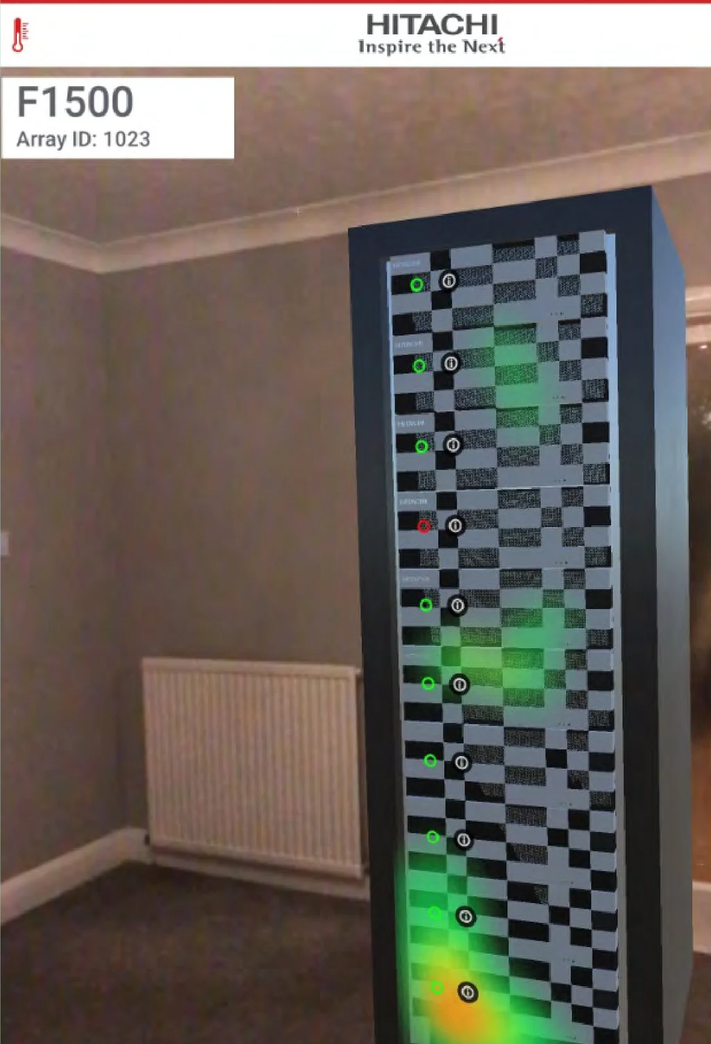 A virtual F1500 array standing in a room, with a heat map over its front: green, with an orange hot spot near the bottom.
