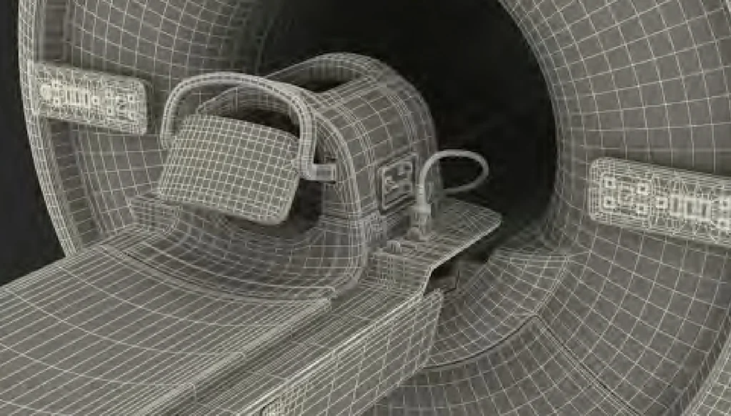 A wireframe 3D model of an MRI scanner, its patient table running into the bore.