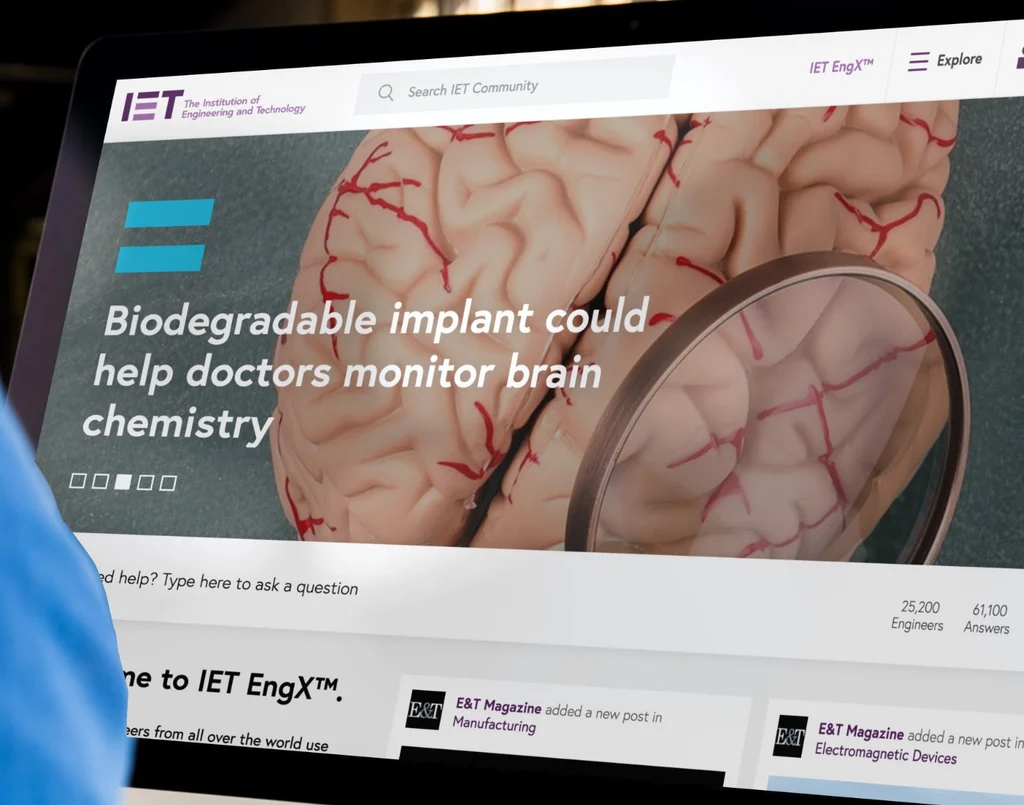 The IET EngX community's home page on a laptop: a search box, a featured article, and counts of 25,200 engineers and 61,100 answers.